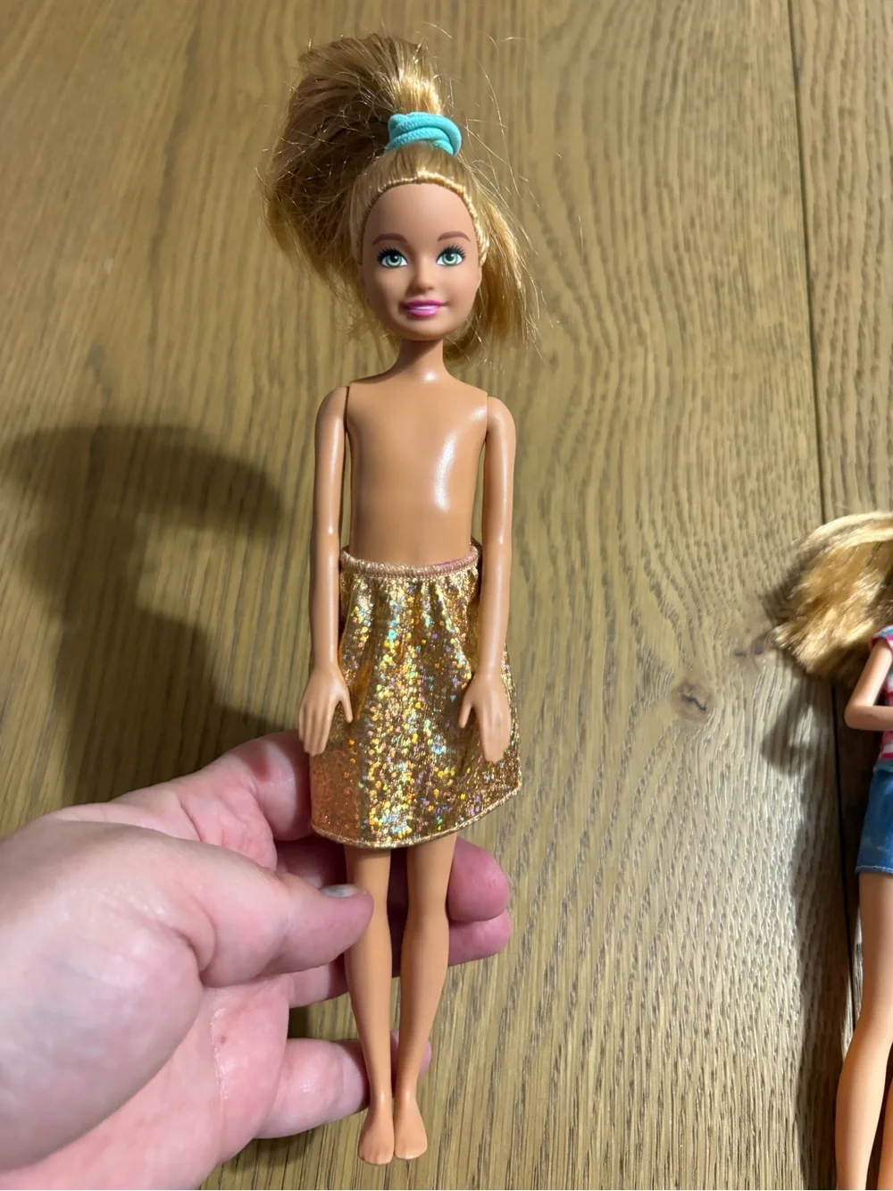 Barbie Dolls with Gold Glitter Skirt and Pink-Blue Striped Top